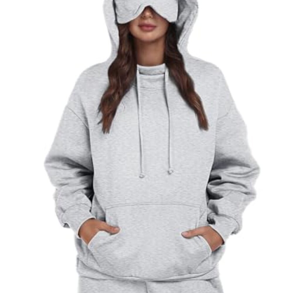 Oversized Fleece Hoodie with Built-in Eye Mask Travel Sleep Pullover Unisex - Picture 2 of 8